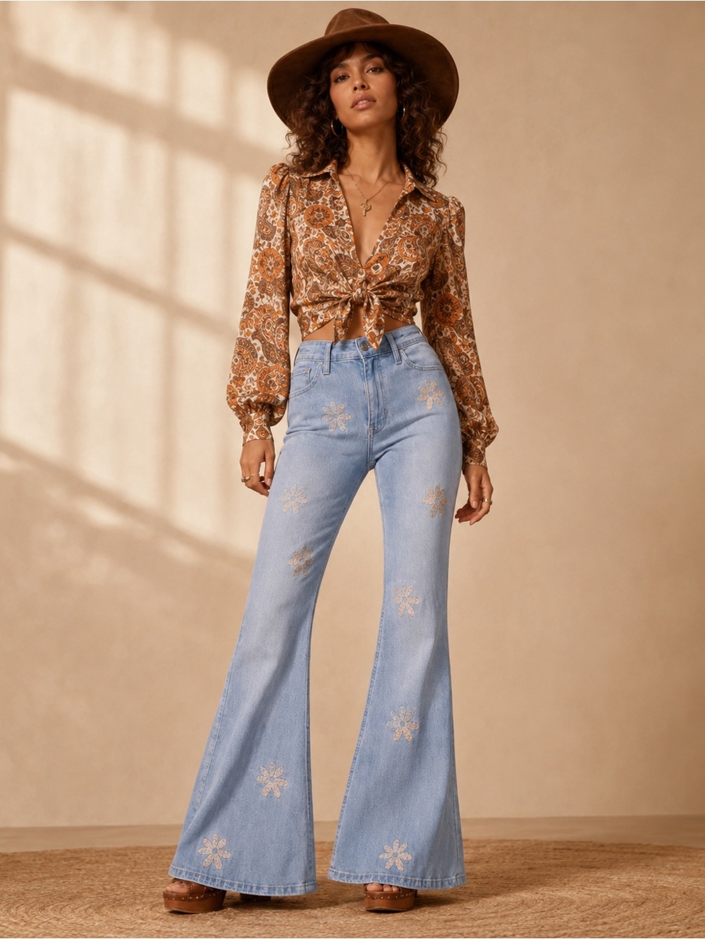 Hollister 70s Daisy Embroidered High-Rise Vintage Flare Jeans W26 L32